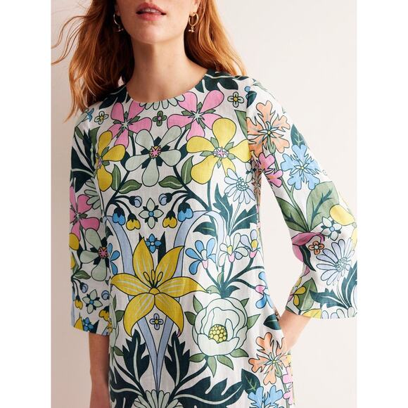 New Boden Flare Linen Floral Mini Dress Green White Back Button 3/4 Sleeve Sz 10 - Picture 4 of 14